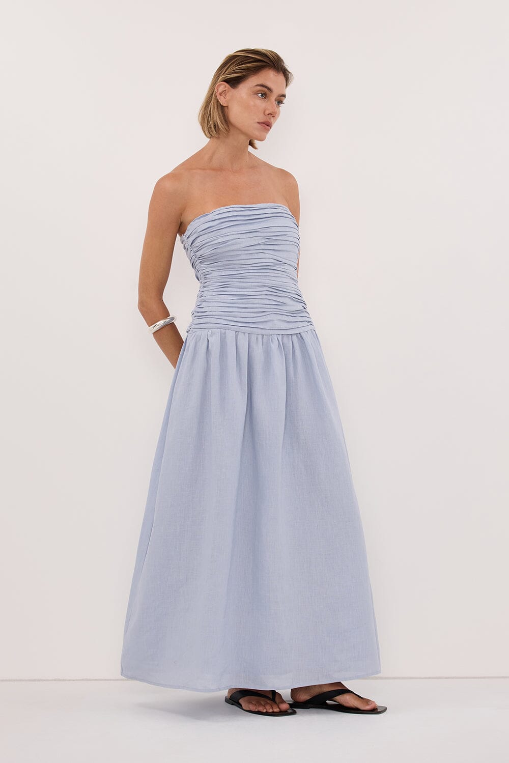 AUBRIELLA DUSTY BLUE LINEN MIDI DRESS