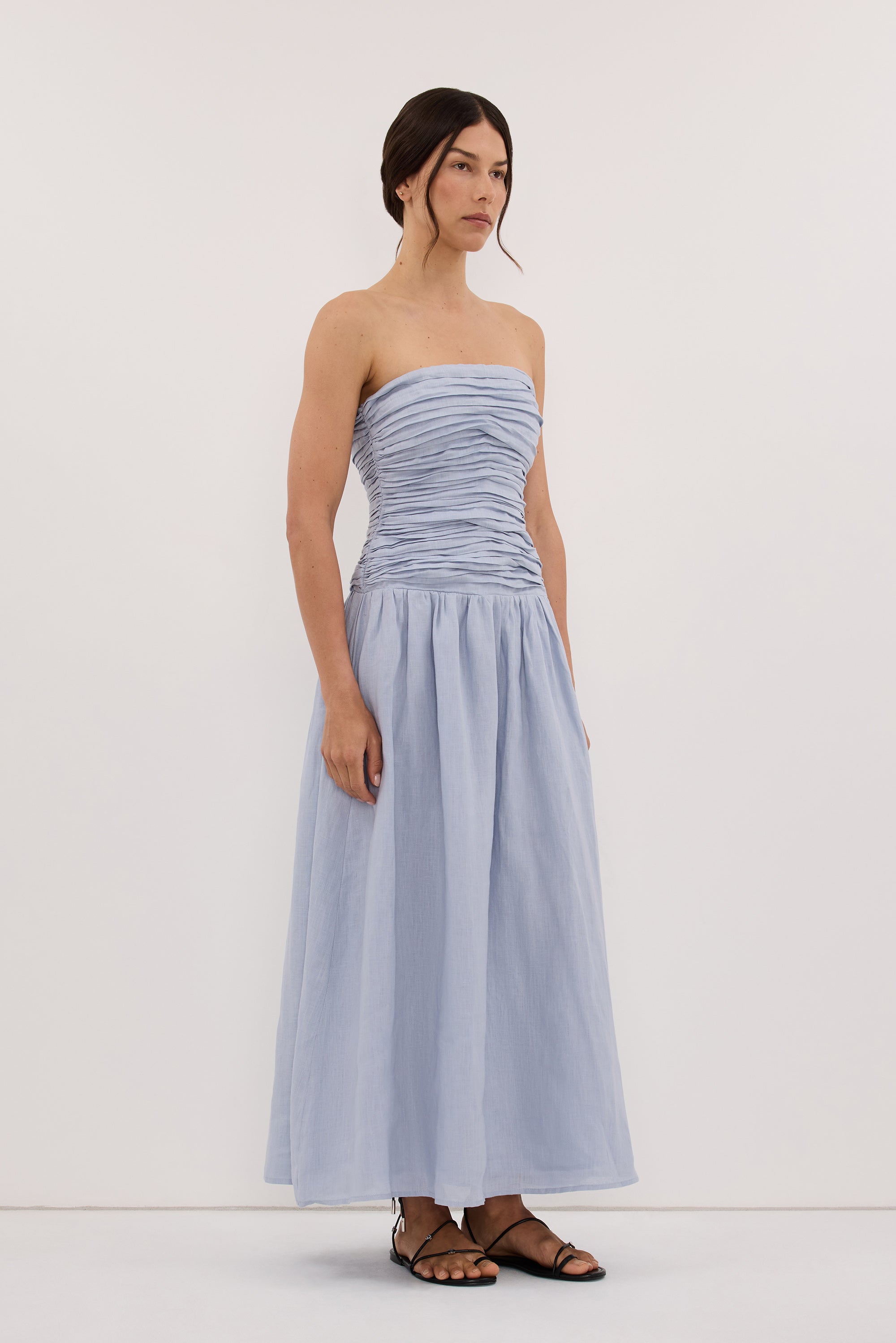 AUBRIELLA DUSTY BLUE LINEN MIDI DRESS