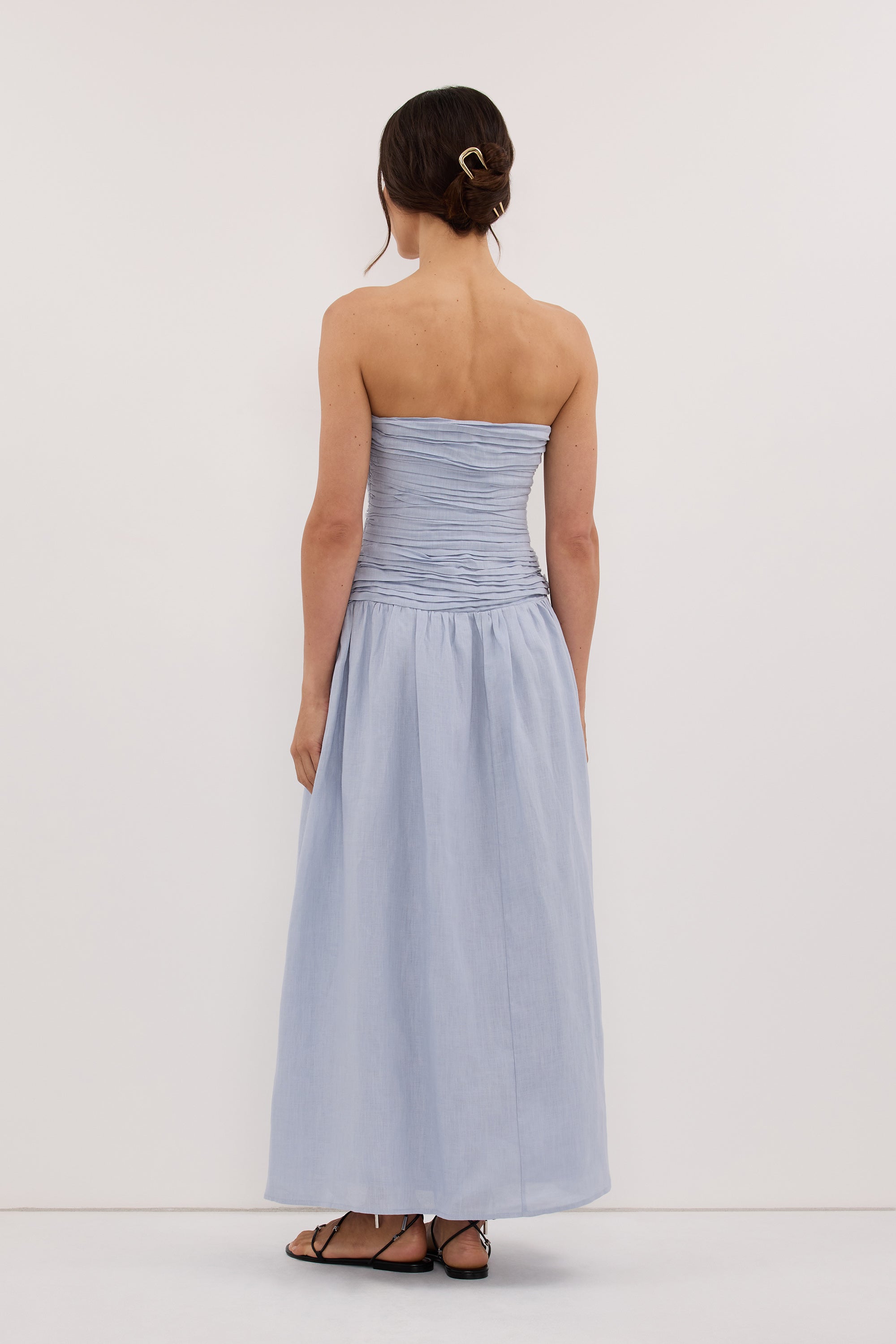 AUBRIELLA DUSTY BLUE LINEN MIDI DRESS
