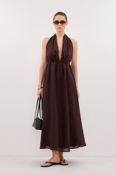 Stas wearing SAMMI BURNT CHOC RAMIE MIDI DRESS