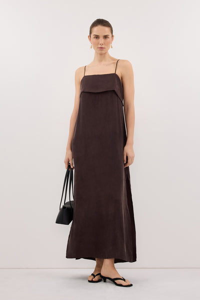 Stas wearing IDA PLUM CHOC CUPRO MIDI DRESS