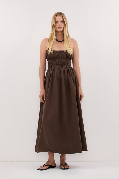 Zoe wearing ZAHARA BITTER CHOC COTTON MIDI DRESS