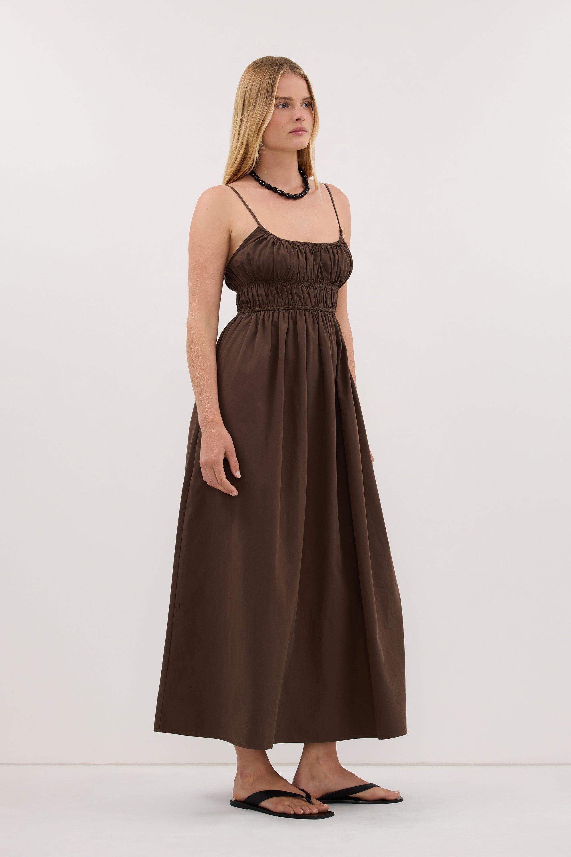 ZAHARA BITTER CHOC COTTON MIDI DRESS