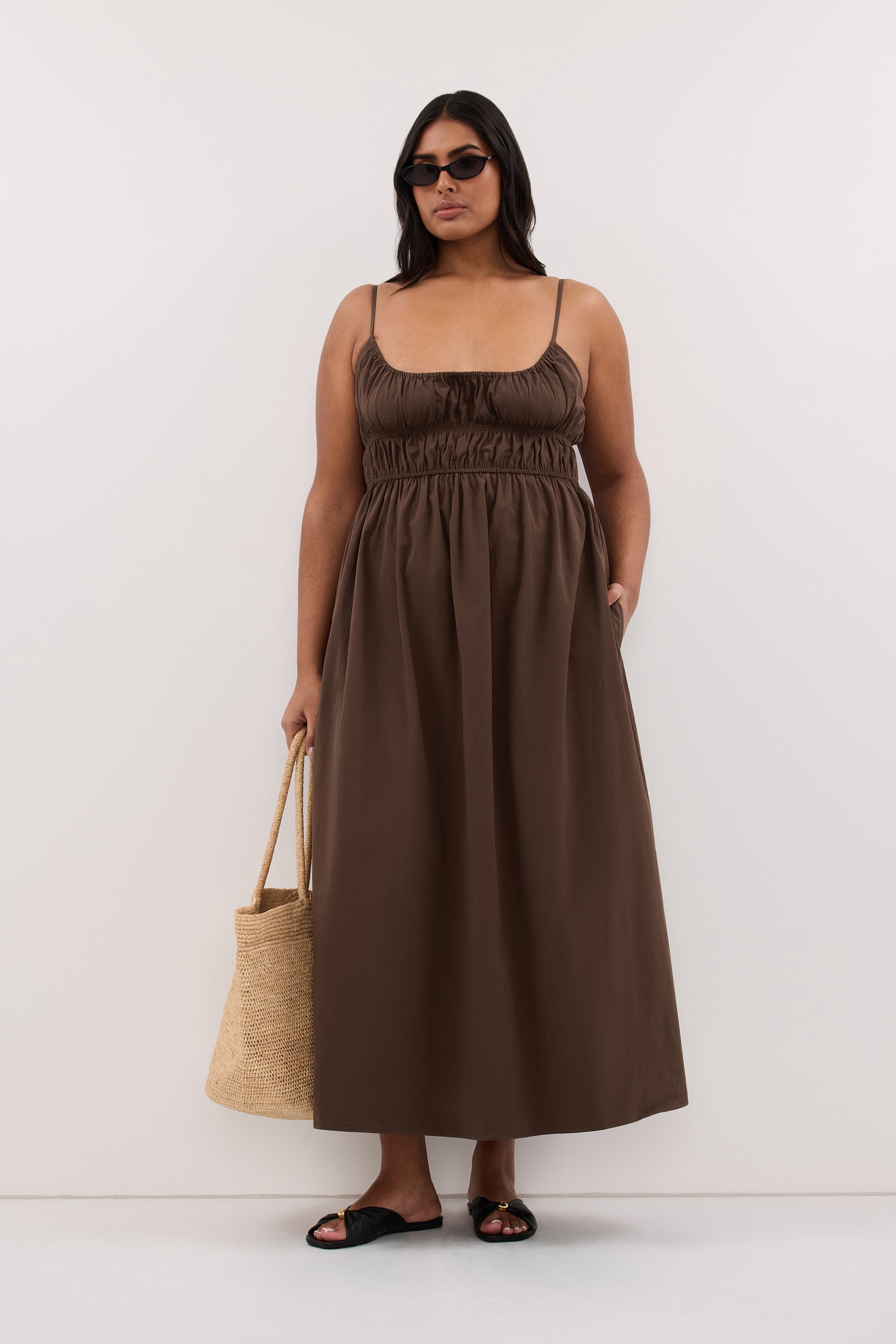 ZAHARA BITTER CHOC COTTON MIDI DRESS