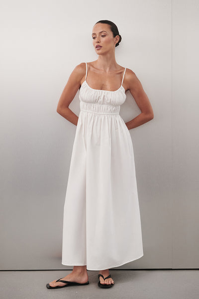 Casey wearing ZAHARA WHITE COTTON MIDI DRESS