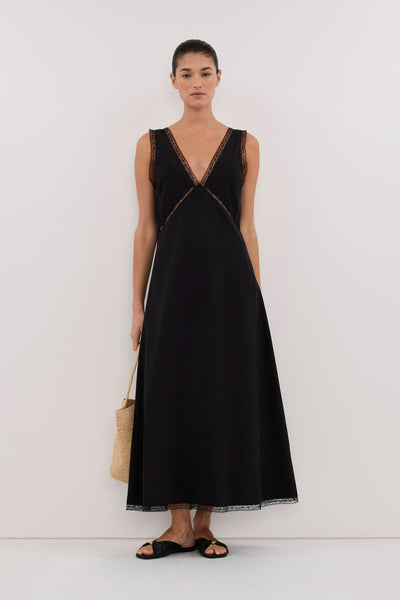 Aude wearing ROSIN BLACK LACE TRIM MIDI DRESS