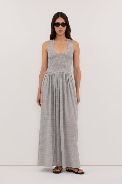 Helena  wearing DOROTHY CREAM CHECK MIDI DRESS