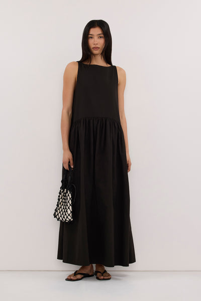 Zoey wearing JO BLACK DROP WAIST MIDI DRESS