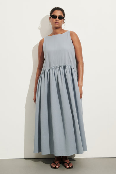 Amanda wearing JO SLATE DROP WAIST MIDI DRESS