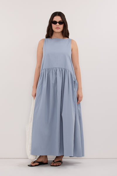 Jasmine wearing JO SLATE DROP WAIST MIDI DRESS