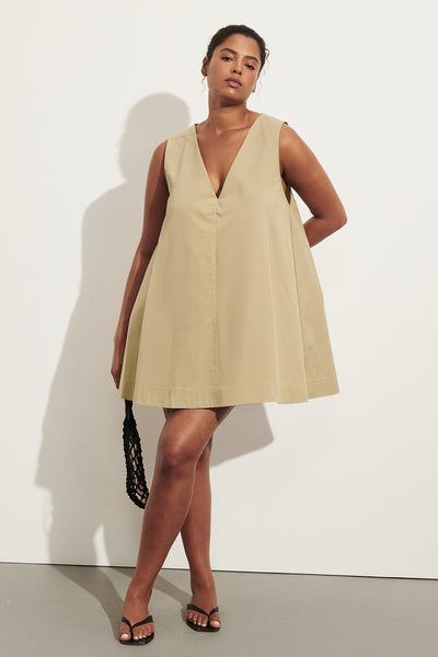 Amanda wearing ORLENA ELM SAGE COTTON MINI DRESS