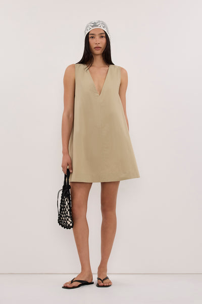 Zoey wearing ORLENA ELM SAGE COTTON MINI DRESS