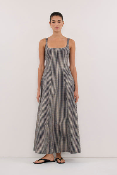 Aude wearing MATILDA INK CHECK COTTON MIDI DRESS - PRE ORDER