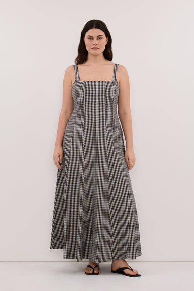 Jasmine wearing MATILDA INK CHECK COTTON MIDI DRESS