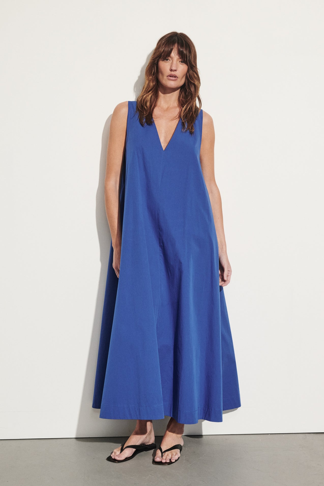 ORLENA COBALT V NECK COTTON MIDI DRESS