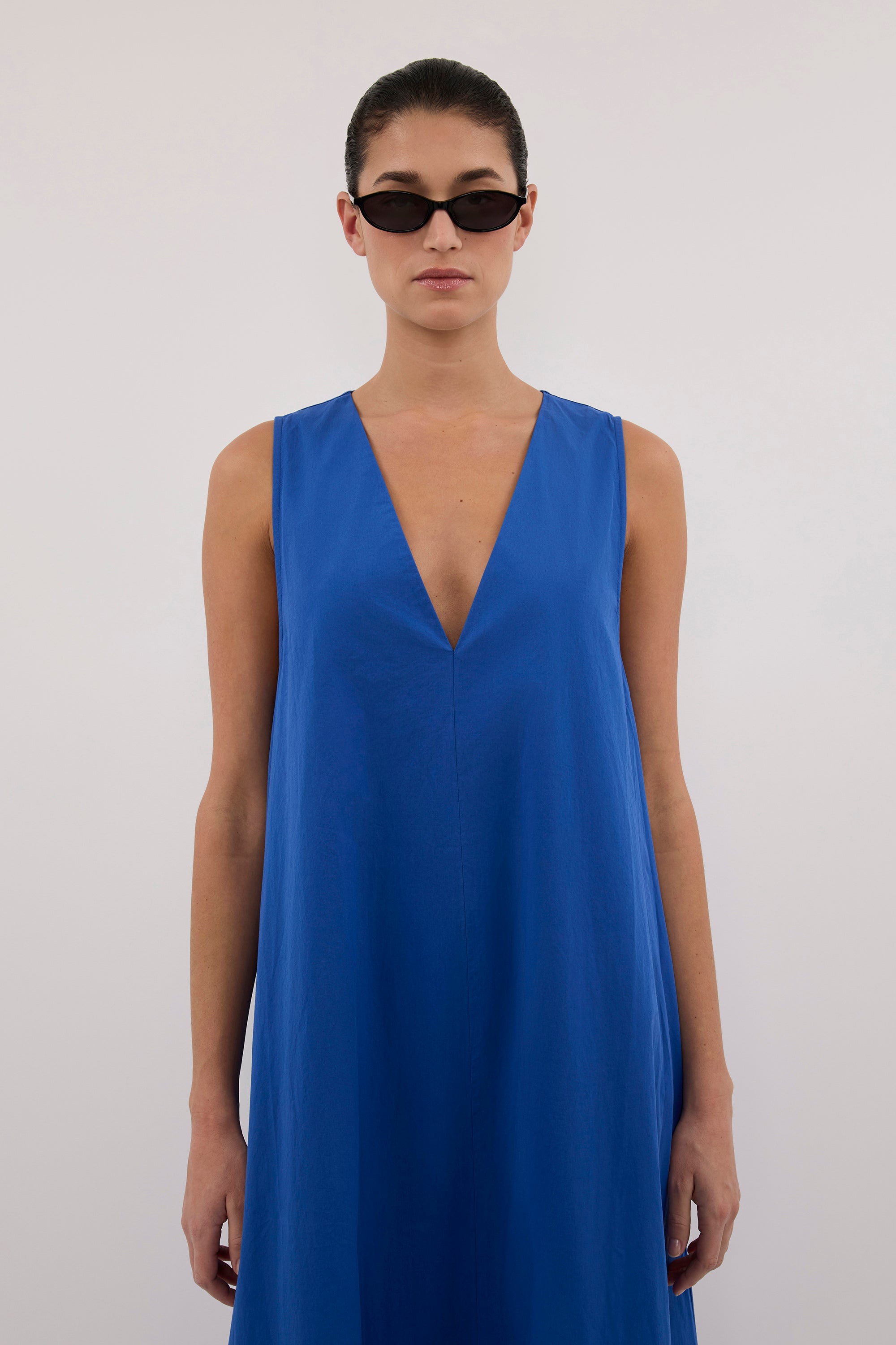 ORLENA COBALT V NECK COTTON MIDI DRESS
