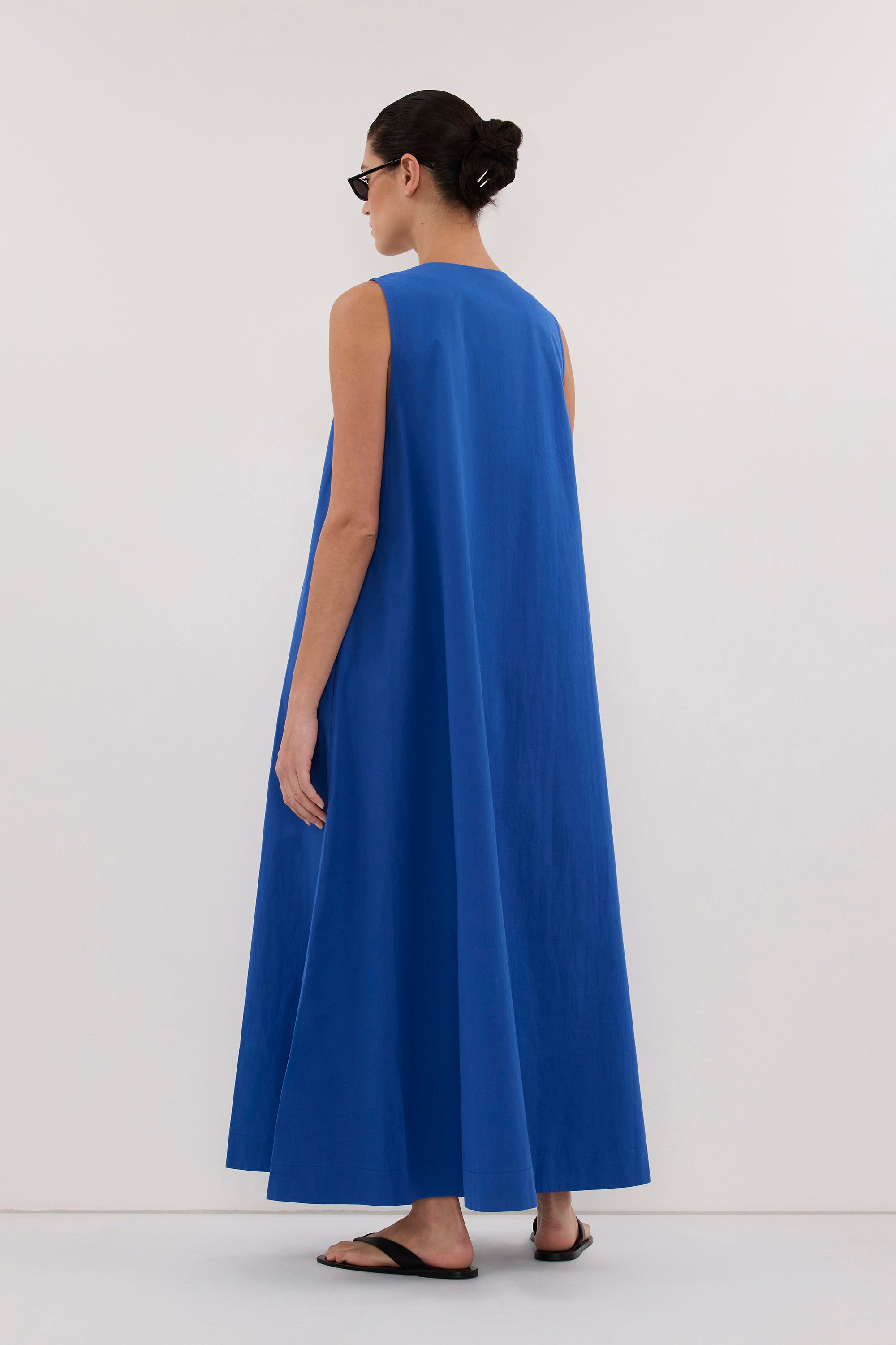 ORLENA COBALT V NECK COTTON MIDI DRESS