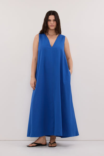 Jasmine wearing ORLENA COBALT V NECK COTTON MIDI DRESS