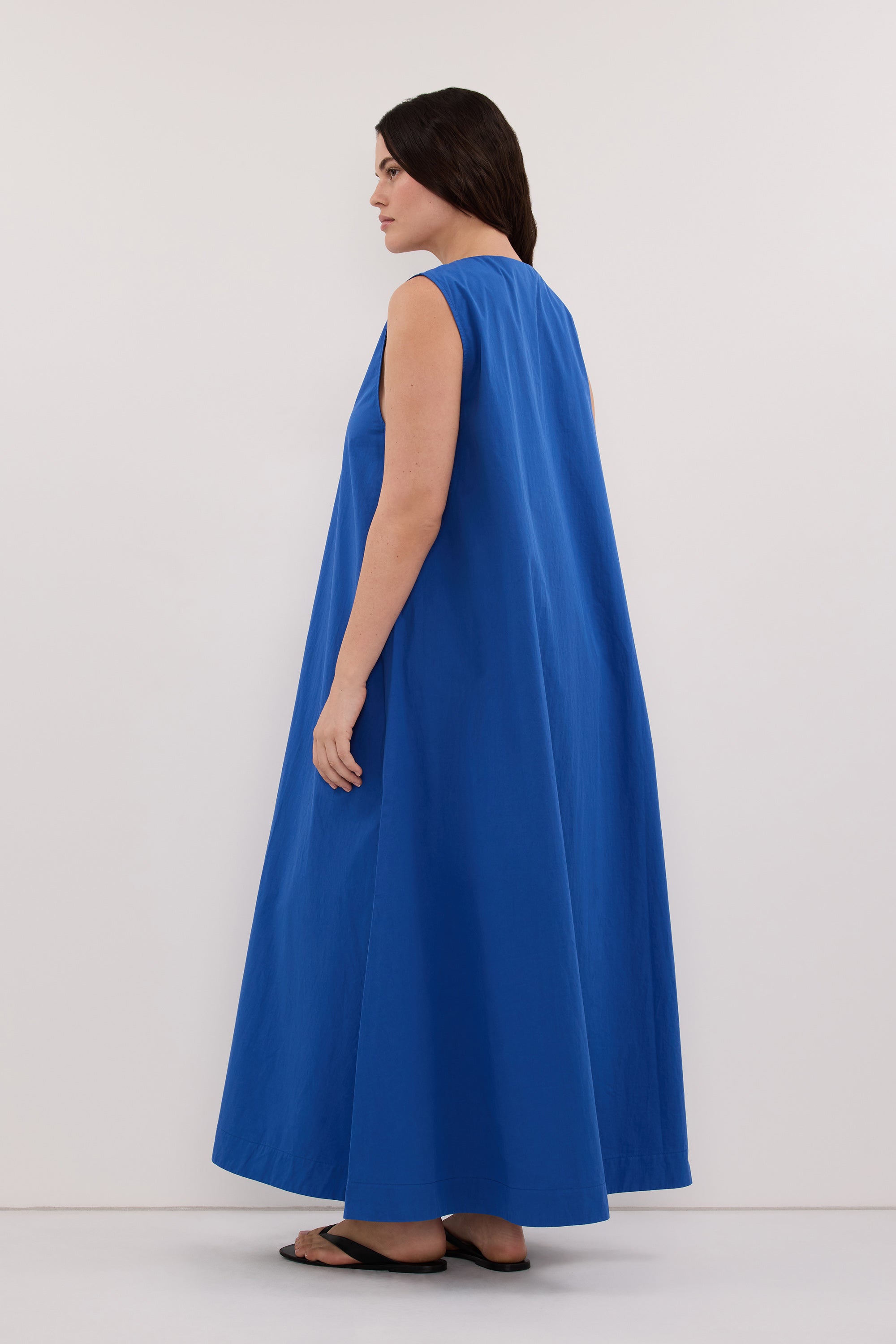 ORLENA COBALT V NECK COTTON MIDI DRESS