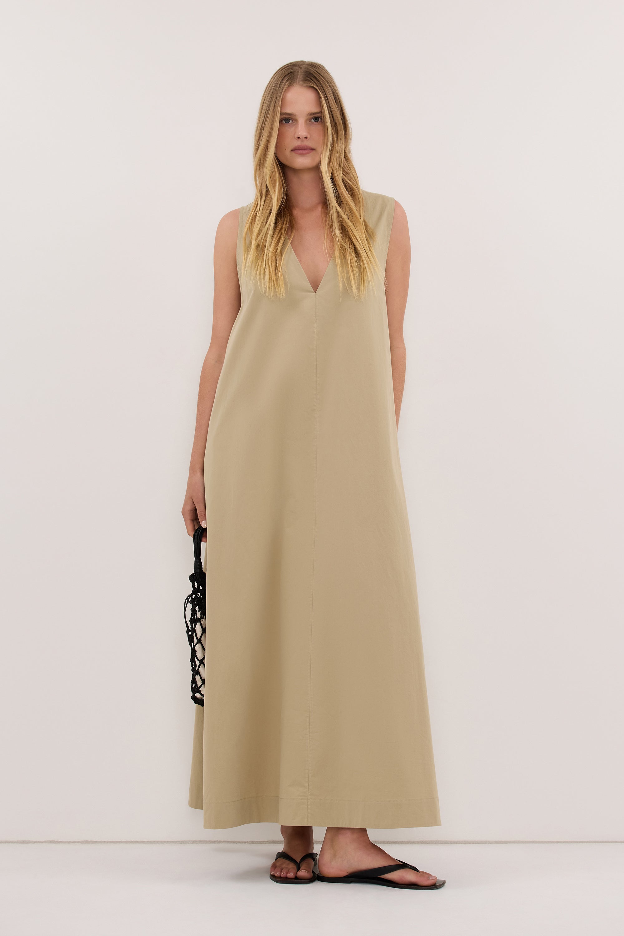 ORLENA ELM SAGE V COTTON NECK MIDI DRESS