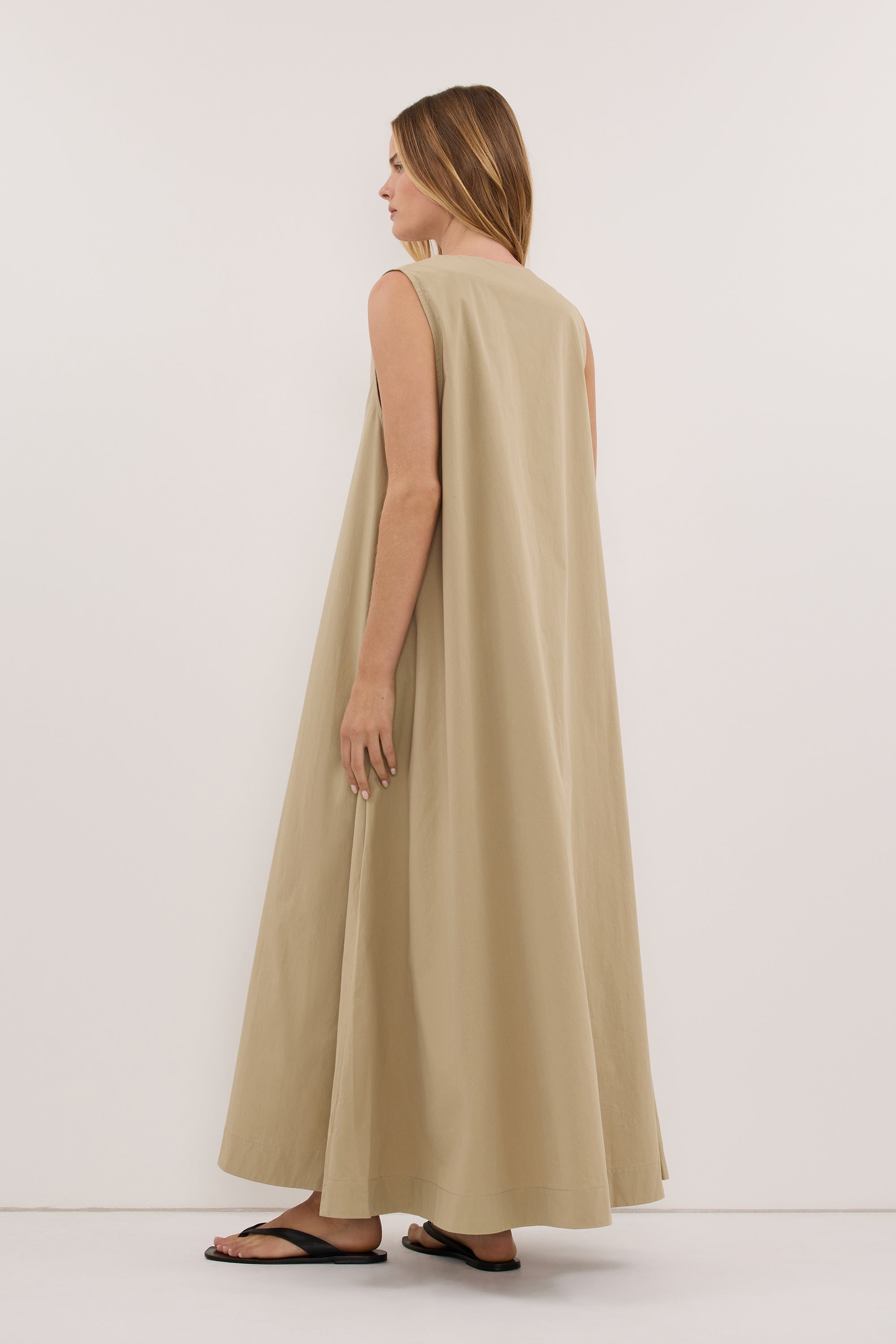 ORLENA ELM SAGE V COTTON NECK MIDI DRESS