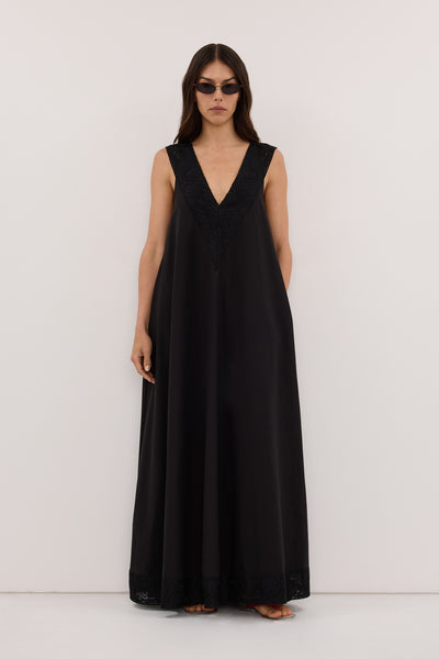 Helena  wearing AMOUR BLACK LACE TRIM MIDI DRESS