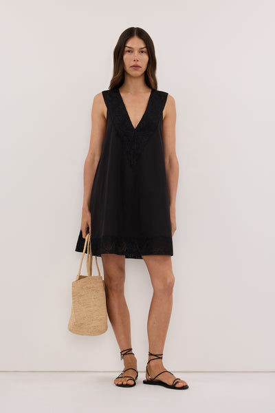 Helena  wearing AMOUR BLACK LACE TRIM MINI DRESS