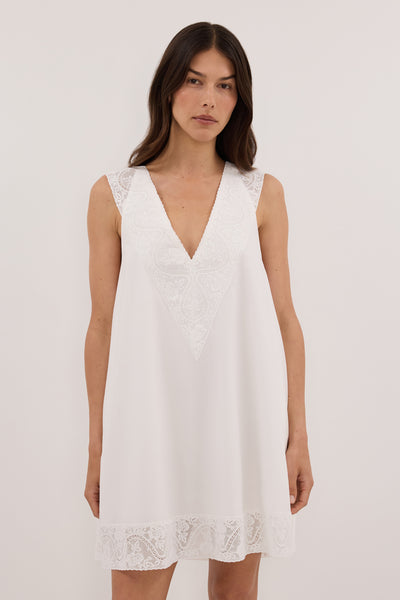 Helena  wearing AMOUR WHITE LACE TRIM MINI DRESS