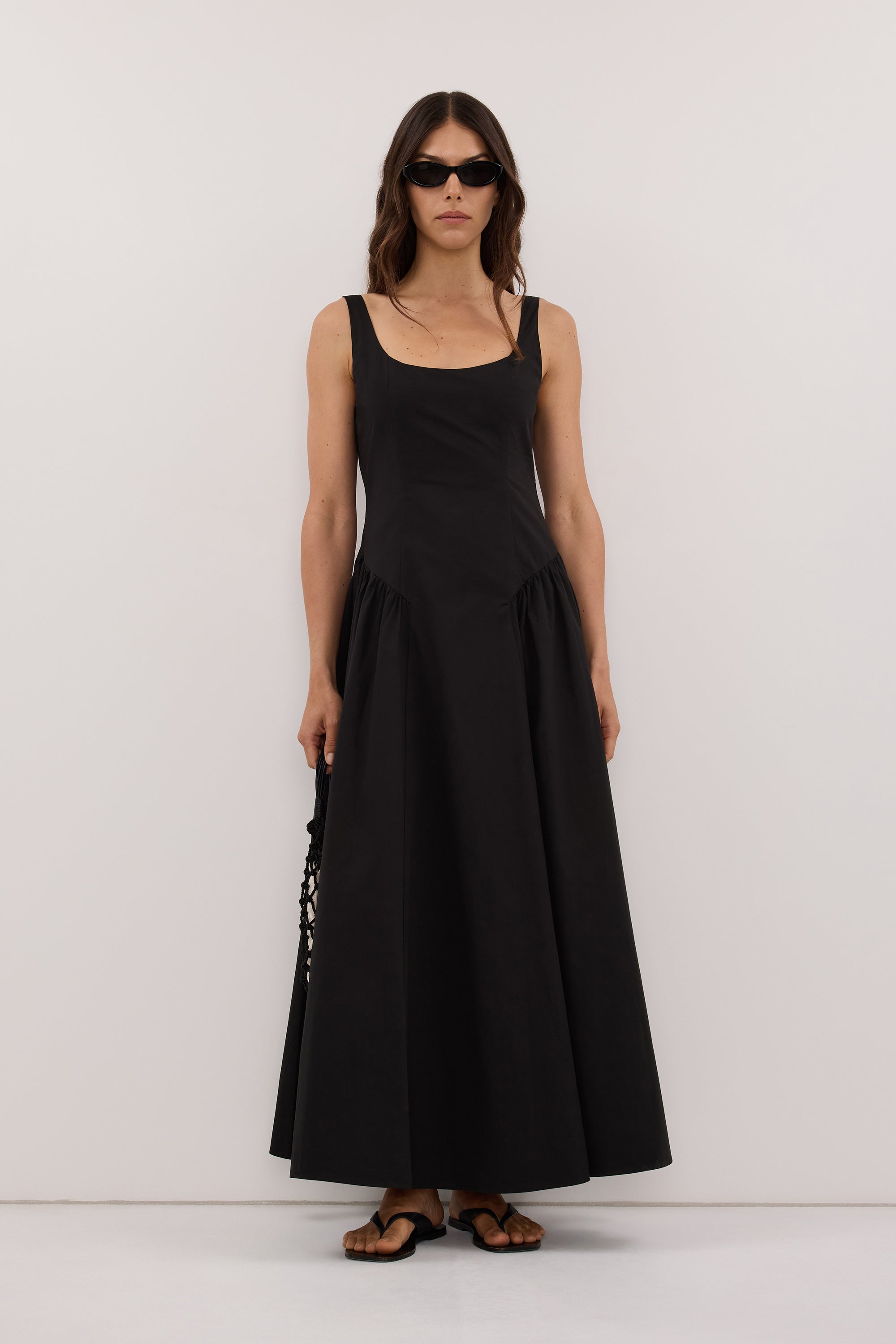 ELORIN BLACK COTTON MIDI DRESS