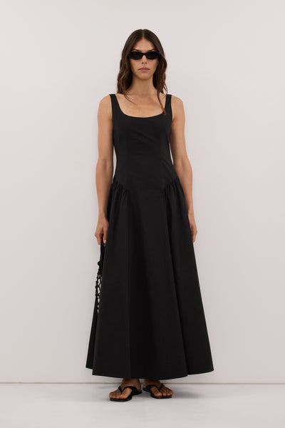 Helena  wearing ELORIN BLACK COTTON MIDI DRESS