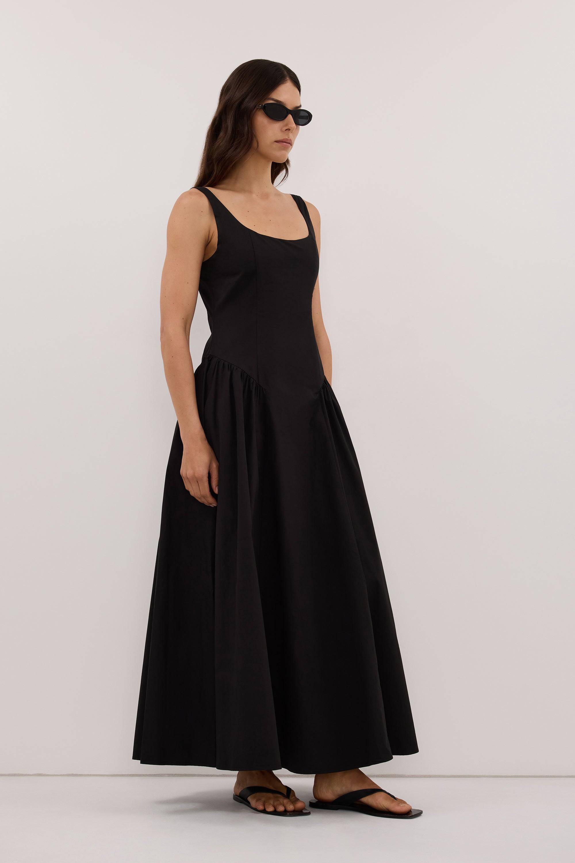 ELORIN BLACK COTTON MIDI DRESS