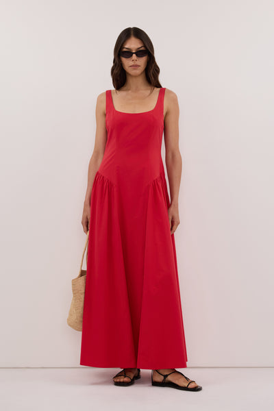 Helena  wearing ELORIN RED COTTON MIDI DRESS