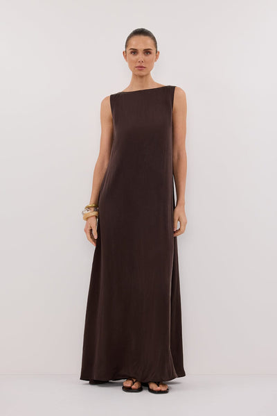 Stas wearing LAYLA BITTER CHOC SILK MIDI DRESS
