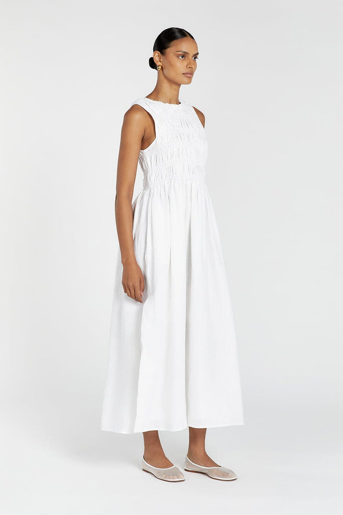 LESSI WHITE LINEN MIDI DRESS | Dissh