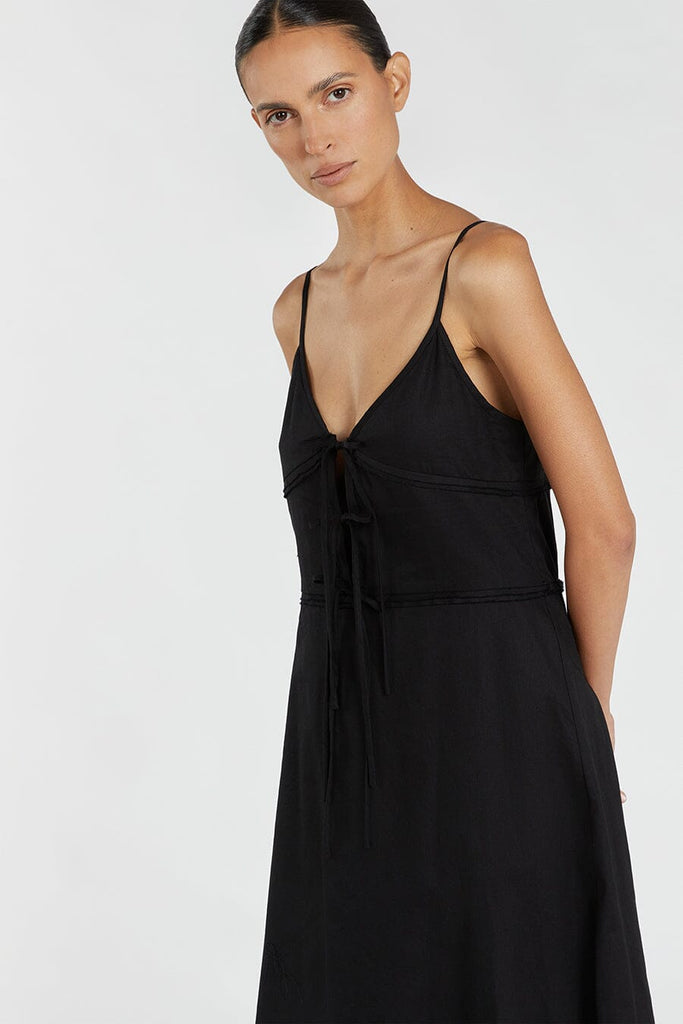 MIMI BLACK LINEN MIDI DRESS | Dissh