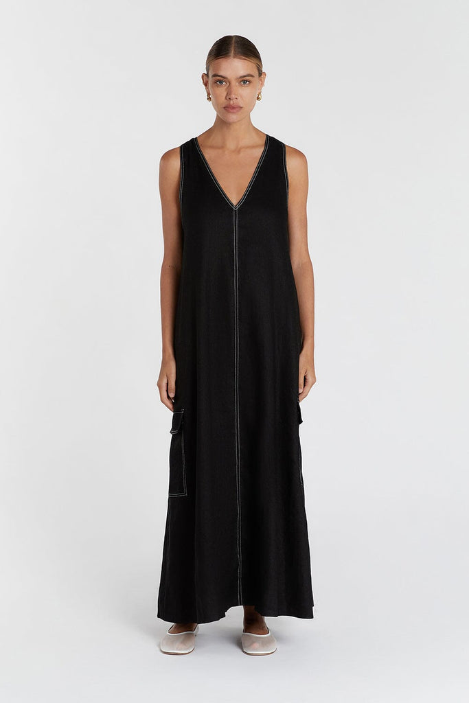 LAURENT BLACK CARGO LINEN DRESS | Dissh