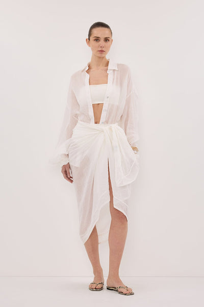 Stas wearing TROPEZ WHITE RAMIE SARONG