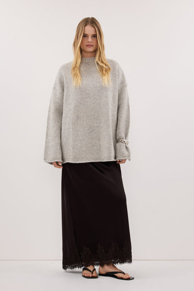 Zoe wearing MILLY SILVER CREW NECK KNIT JUMPER