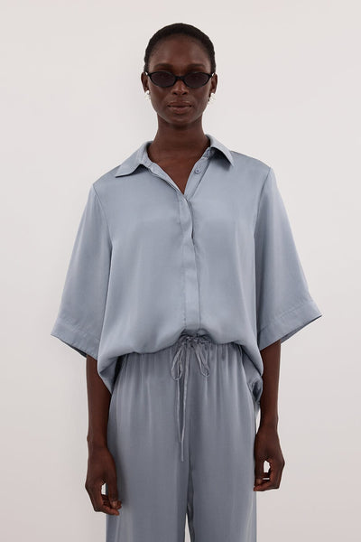 Maguette wearing PERCY DUSTY BLUE SILK SHIRT