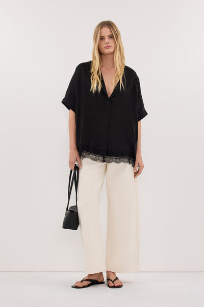 Zoe wearing ANDREA BLACK CUPRO LACE SHIRT