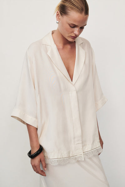 Zoe wearing ANDREA SANDSTONE CUPRO LACE SHIRT