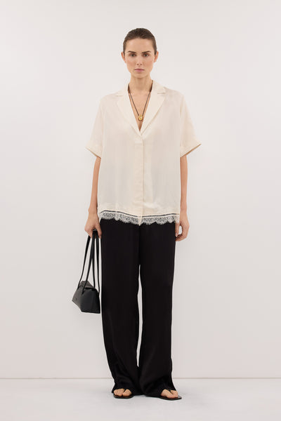 Stas wearing ANDREA SANDSTONE CUPRO LACE SHIRT