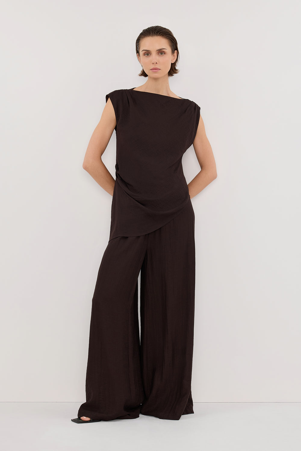 SHYLA BITTER CHOC ASYMMETRICAL TOP Clothing DISSH Boutiques 