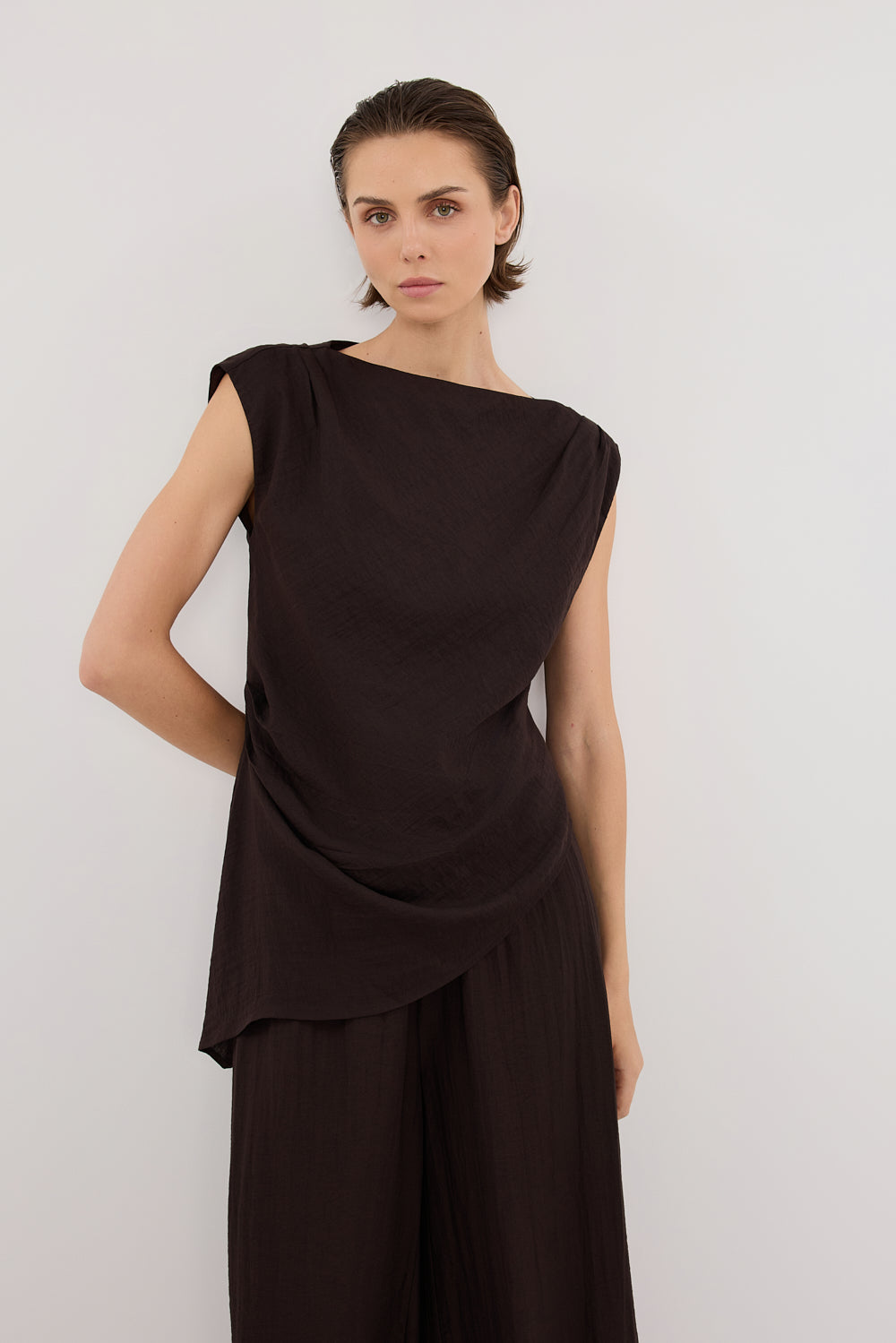 SHYLA BITTER CHOC ASYMMETRICAL TOP Clothing DISSH Boutiques 