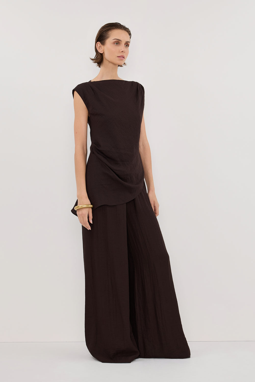 SHYLA BITTER CHOC ASYMMETRICAL TOP Clothing DISSH Boutiques 
