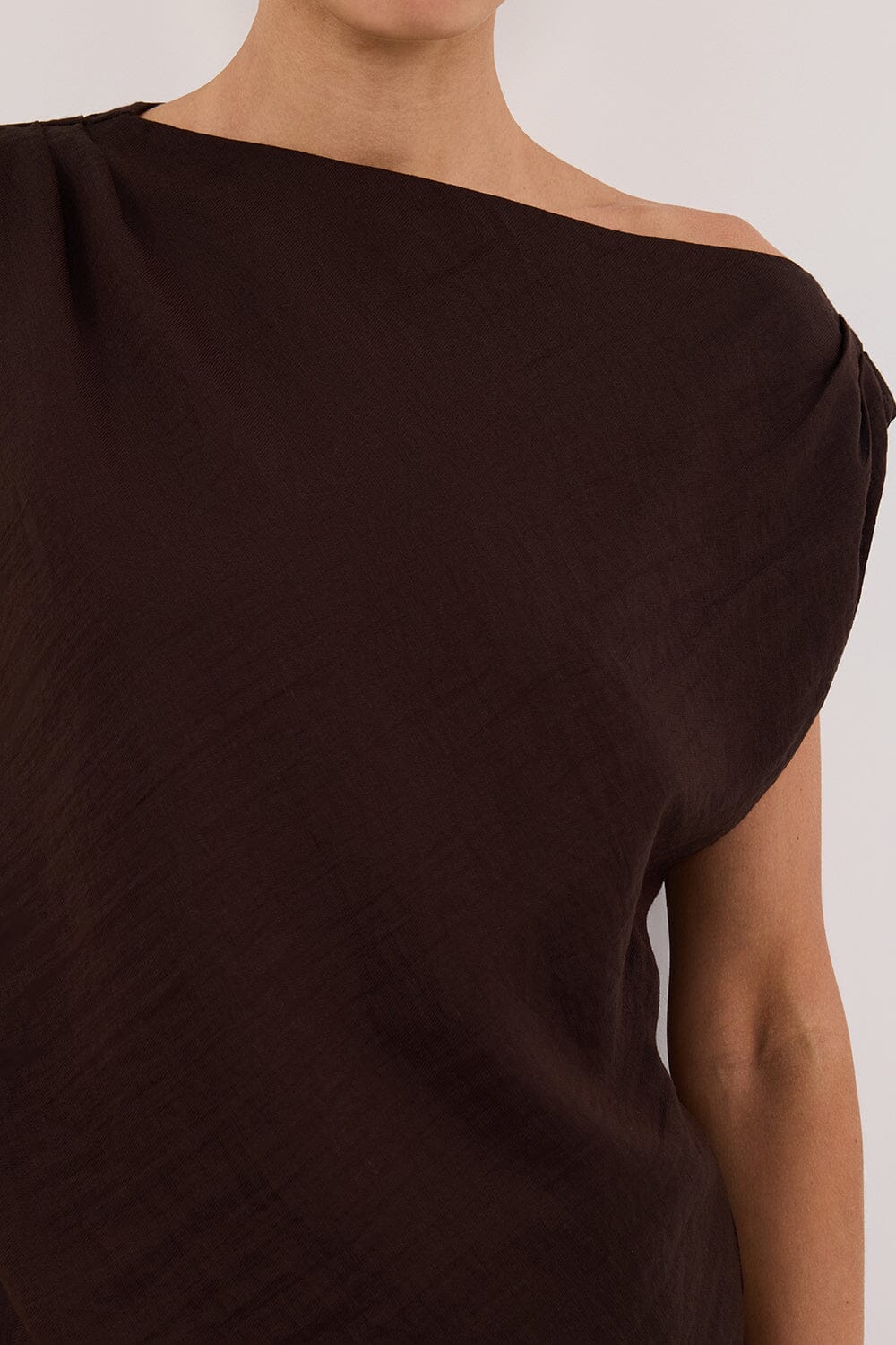 SHYLA BITTER CHOC ASYMMETRICAL TOP Clothing DISSH Boutiques 