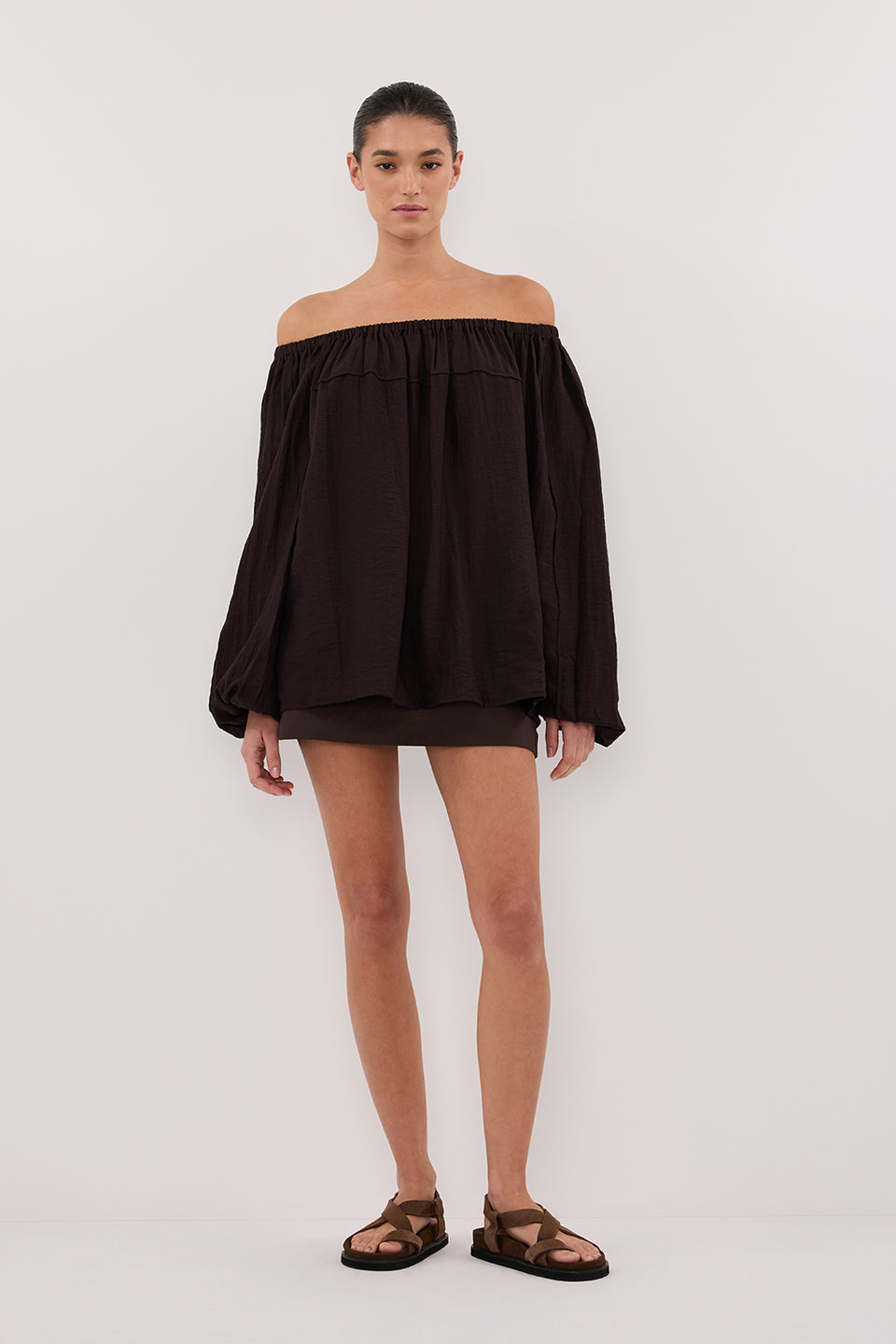 SHANIYA BITTER CHOC SLEEVED TOP Clothing DISSH Boutiques 