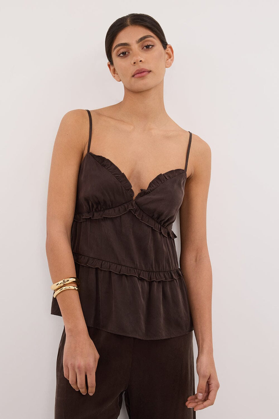 LENA BITTER CHOC SILK SLEEVELESS FRILL TOP Clothing DISSH Boutiques 4 BITTER CHOCOLATE 