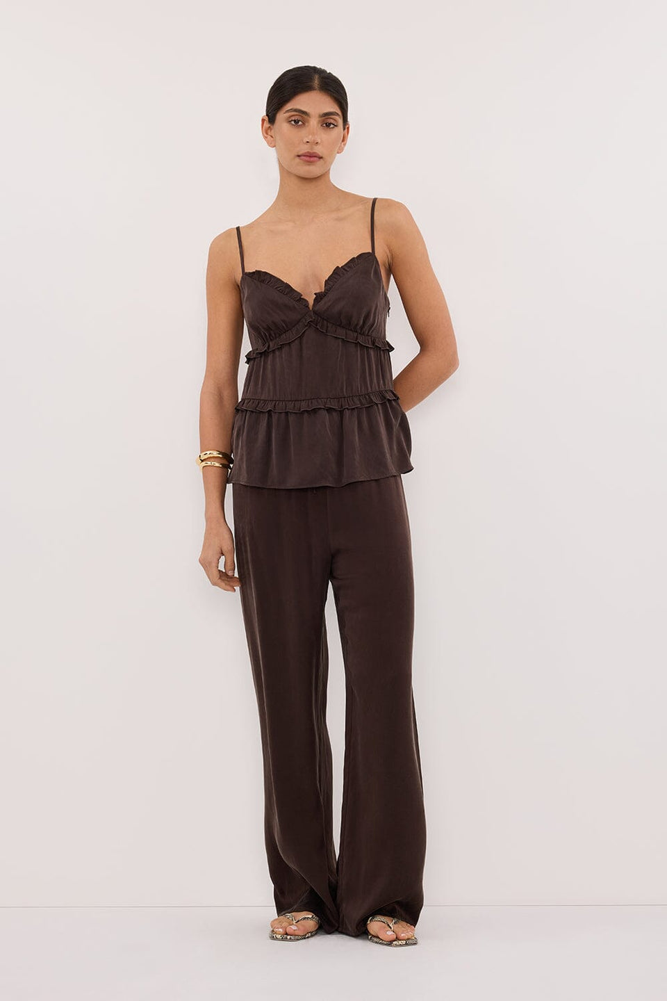 LENA BITTER CHOC SILK SLEEVELESS FRILL TOP Clothing DISSH Boutiques 