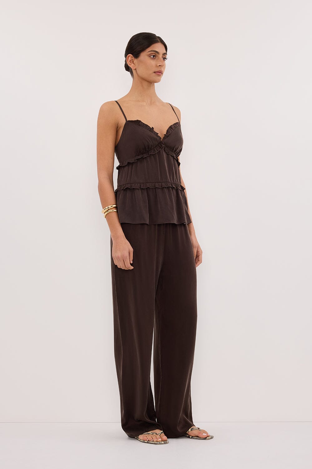 LENA BITTER CHOC SILK SLEEVELESS FRILL TOP Clothing DISSH Boutiques 